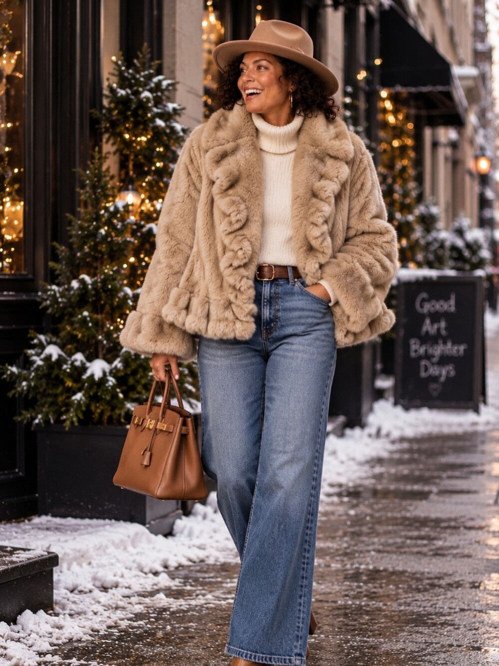 Ashley Stewart Cream Faux Fur Jacket with Ruffle Trim